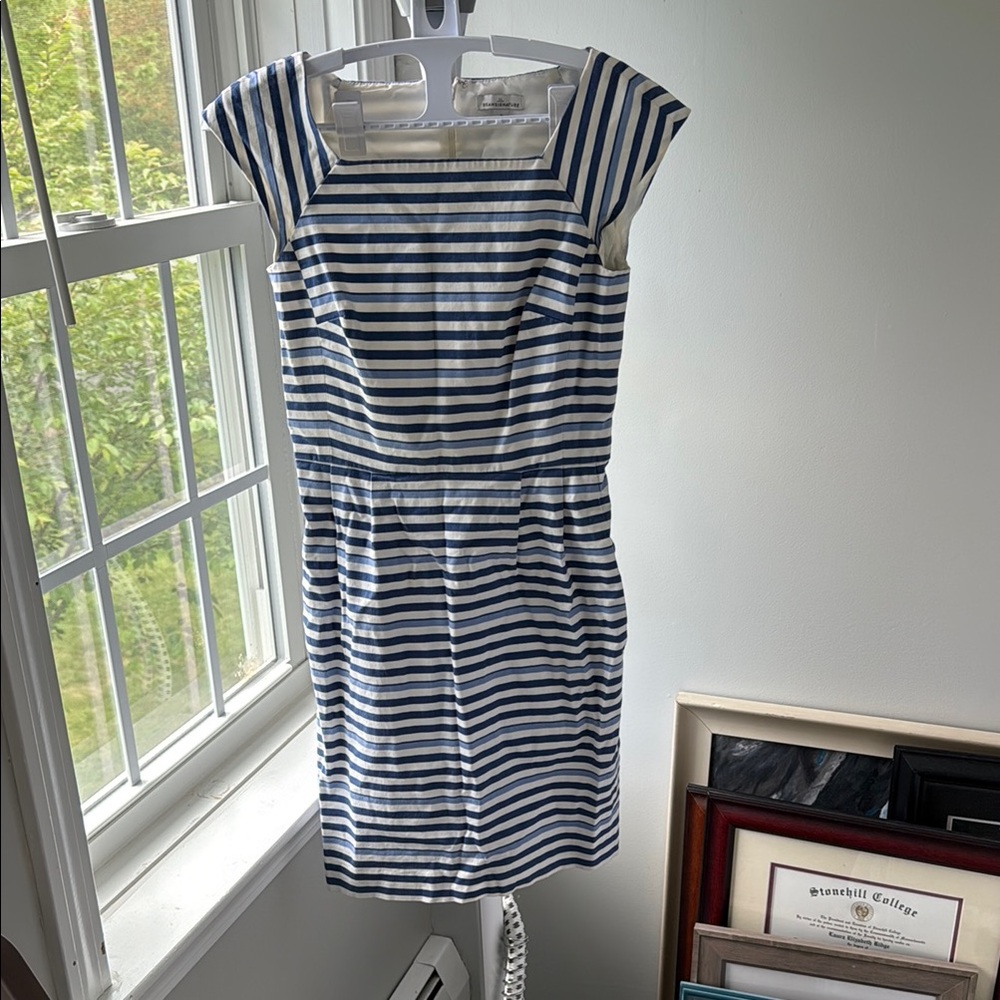 L.L. Bean Blue and White Sheath Dress with Flutter Sleeves